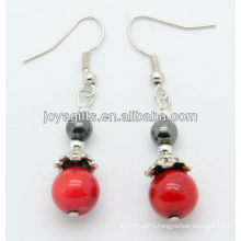 Wholesale red coral with hematite round beads earring
